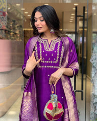 Purple Women Embroidered Viscose kurta pant dupatta set