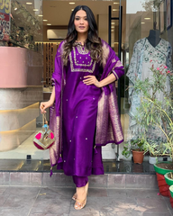 Purple Women Embroidered Viscose kurta pant dupatta set