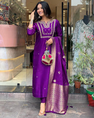 Purple Women Embroidered Viscose kurta pant dupatta set
