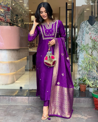 Purple Women Embroidered Viscose kurta pant dupatta set
