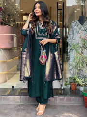 Dark Green Colour Silk Readymade Suits With Bottom and Dupatta