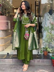"Elegant Olive Green Silk Embroidered Salwar Suit with Jacquard Dupatta"