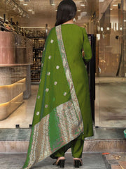 "Elegant Olive Green Silk Embroidered Salwar Suit with Jacquard Dupatta"