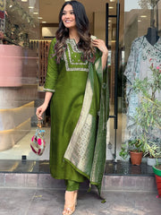 "Elegant Olive Green Silk Embroidered Salwar Suit with Jacquard Dupatta"