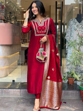 "Rich Red Silk Embroidered Salwar Suit with Contrasting Jacquard Dupatta"