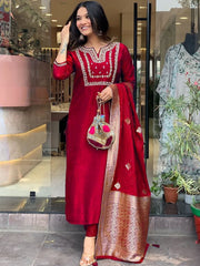 "Rich Red Silk Embroidered Salwar Suit with Contrasting Jacquard Dupatta"