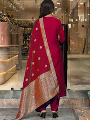 "Rich Red Silk Embroidered Salwar Suit with Contrasting Jacquard Dupatta"