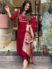 "Rich Red Silk Embroidered Salwar Suit with Contrasting Jacquard Dupatta"