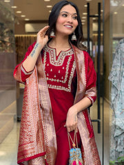 "Rich Red Silk Embroidered Salwar Suit with Contrasting Jacquard Dupatta"