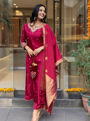 Maroon Silk Embroidered Salwar Suit with Jacquard Dupatta - Festive & Party Wear