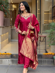 Maroon Silk Embroidered Salwar Suit with Jacquard Dupatta - Festive & Party Wear