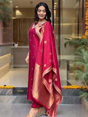 Maroon Silk Embroidered Salwar Suit with Jacquard Dupatta - Festive & Party Wear