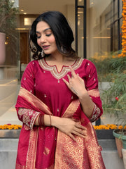 Maroon Silk Embroidered Salwar Suit with Jacquard Dupatta - Festive & Party Wear