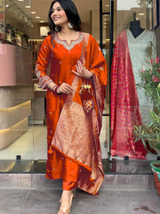 "Festive Rust Orange Silk Embroidered Suit with Traditional Jacquard Dupatta"