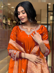 "Festive Rust Orange Silk Embroidered Suit with Traditional Jacquard Dupatta"