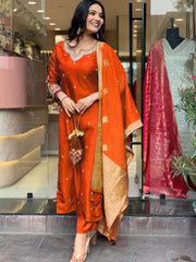 "Festive Rust Orange Silk Embroidered Suit with Traditional Jacquard Dupatta"