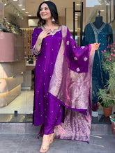"Royal Purple Silk Embroidered Suit Set with Contrasting Jacquard Dupatta"