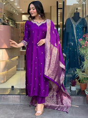 "Royal Purple Silk Embroidered Suit Set with Contrasting Jacquard Dupatta"
