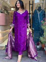 "Royal Purple Silk Embroidered Suit Set with Contrasting Jacquard Dupatta"