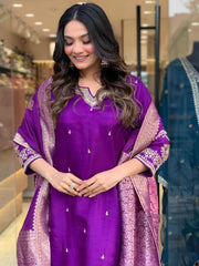 "Royal Purple Silk Embroidered Suit Set with Contrasting Jacquard Dupatta"