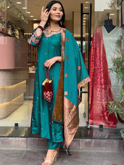 Silk Embroidered Salwar Suit with Jacquard Dupatta - Festive & Party Wear