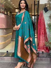 Silk Embroidered Salwar Suit with Jacquard Dupatta - Festive & Party Wear