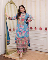 "Blue Floral Printed Lawn Suit with Mirror Work – Casual Chic Collection"