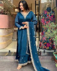 "Teal Blue Silk Suit with Intricate Lace Detailing & Dupatta – Graceful Ethnic Ensemble"