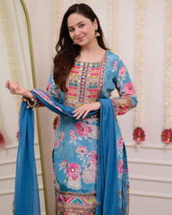 "Blue Floral Printed Lawn Suit with Mirror Work – Casual Chic Collection"