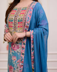 "Blue Floral Printed Lawn Suit with Mirror Work – Casual Chic Collection"