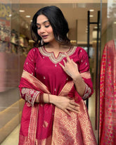 "Rich Maroon Embroidered Suit with Banarasi Dupatta – Timeless Festive Elegance"