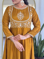Festive Mustard Anarkali Set with Mirror & Thread Work