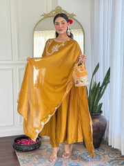 Festive Mustard Anarkali Set with Mirror & Thread Work