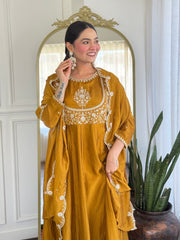 Festive Mustard Anarkali Set with Mirror & Thread Work