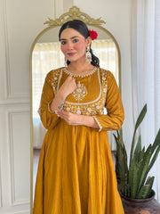 Festive Mustard Anarkali Set with Mirror & Thread Work