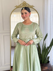 Riona Elegant Pista Anarakali Kurta & Pant With Dupatta