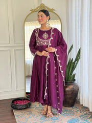 Luxury Wine Anarkali Kurta Set in Silk Finish