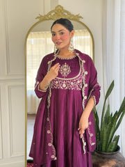 Luxury Wine Anarkali Kurta Set in Silk Finish