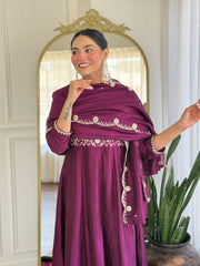 Luxury Wine Anarkali Kurta Set in Silk Finish