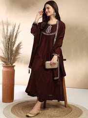 Rich Brown Embroidered A-Line Kurta Set with Dupatta