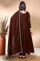 Rich Brown Embroidered A-Line Kurta Set with Dupatta