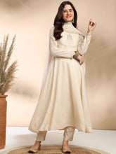 Ivory High-Neck Anarkali Kurta Set with Subtle Silver Embroidery