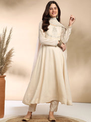 Ivory High-Neck Anarkali Kurta Set with Subtle Silver Embroidery