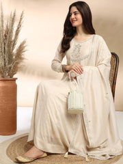 Ivory High-Neck Anarkali Kurta Set with Subtle Silver Embroidery