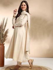 Ivory High-Neck Anarkali Kurta Set with Subtle Silver Embroidery