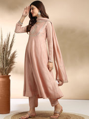 Blush Pink High-Neck Anarkali Kurta Set with Silver Embroidery