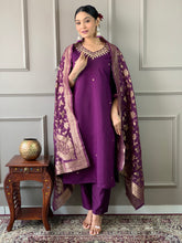 Women's Wine Viscose Chanderi Embroidered Kurta Set With Dupatta