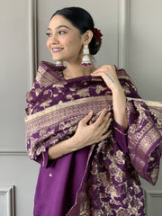 Women's Wine Viscose Chanderi Embroidered Kurta Set With Dupatta