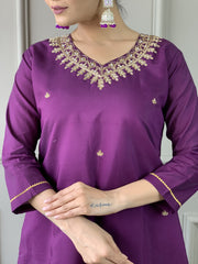 Women's Wine Viscose Chanderi Embroidered Kurta Set With Dupatta