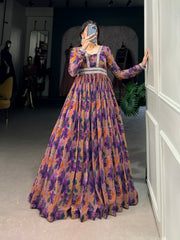 Elegant Purple Floral Georgette Gown with Lace Detailing